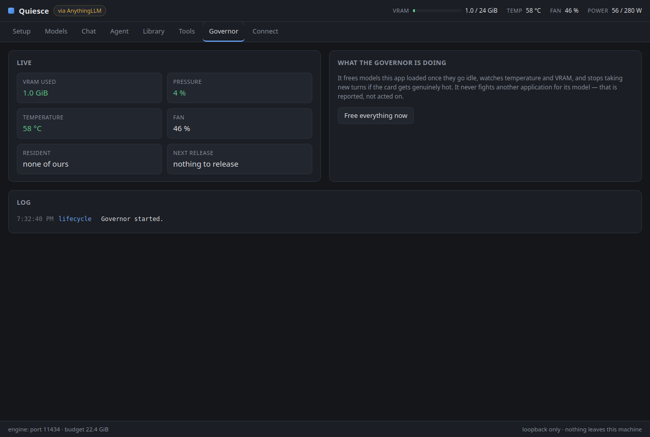 The Governor tab: live GPU state, the duty cycle in force, and a log of every decision it made.