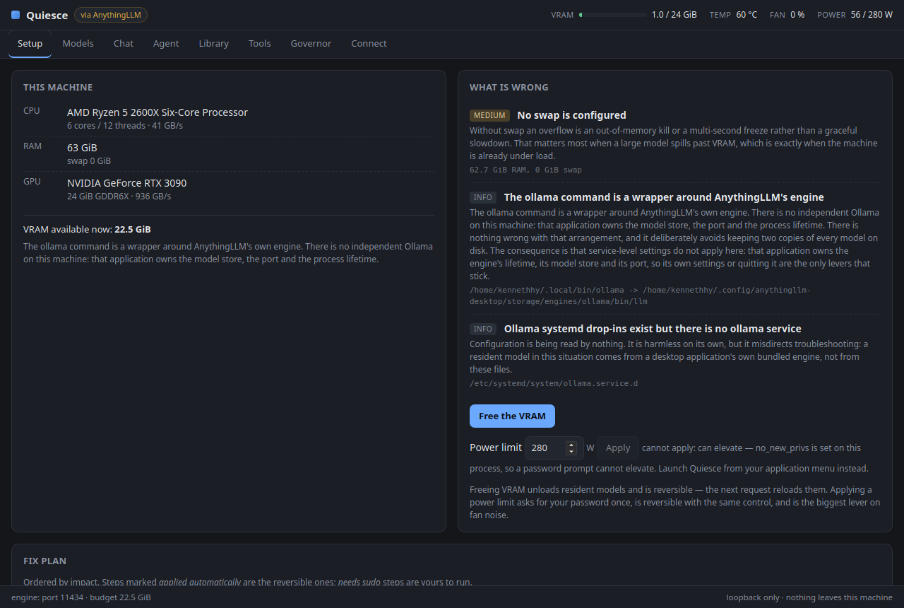 The Setup tab: what this machine has, what is wrong with it, and an ordered fix plan with the exact commands.